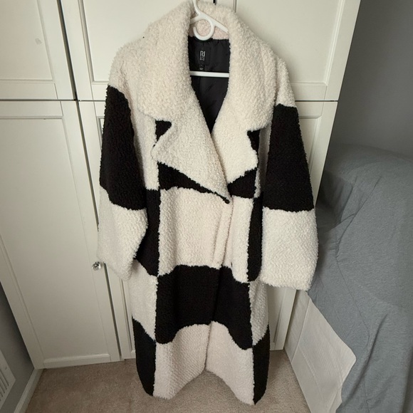 River Island Black and White Checkered Studio Borg Long Sherpa Coat Large - Picture 3 of 9